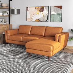 a living room with a couch, rug and two paintings on the wall