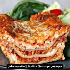 three slices of lasagna stacked on top of each other