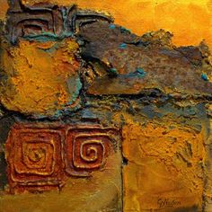 an abstract painting with brown and yellow colors