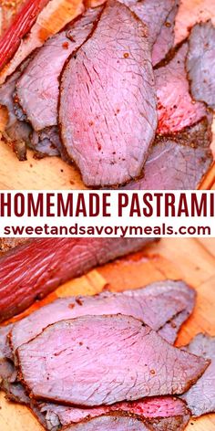 homemade pastrami sliced up on a cutting board with text overlay that says homemade pastrami