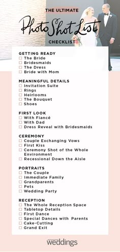 the ultimate photo shoot checklist for wedding day is shown in pink and white with black lettering