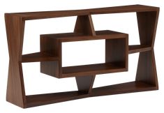 a wooden shelf with three shelves on each side