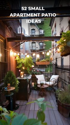 small apartment patio ideas with lights and plants on the deck, surrounded by potted plants