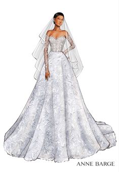 an illustrated drawing of a woman in a wedding dress and veil with the words anne barge on it