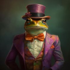 a frog wearing a purple suit and top hat with a bow tie, standing in front of a green background