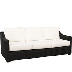 an outdoor sofa with white cushions and black wicker frame, on a white background