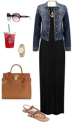 A look almost any woman can pull off. Black maxi and denim jacket. "Black Maxi" by shortemmi on Polyvore Black Maxi, Denim Jacket Women, Komplette Outfits, Outfits Casuales, Jacket Outfits, Modest Fashion