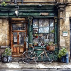 a painting of a bicycle parked in front of a storefront with potted plants