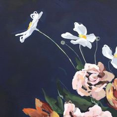 an oil painting of white flowers on a dark blue background with yellow and pink petals