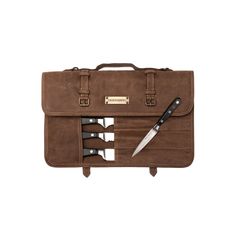 a brown briefcase with scissors and knives in it