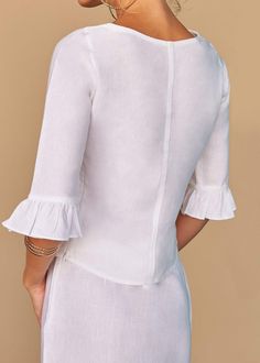 Elegant Formal Linen Tops, Elegant White Linen Top, Chic Linen Tops For Formal Occasions, Elegant Linen Spring Blouse, Chic Fitted Linen Blouse, Fitted Chic Linen Blouse, Fitted White Blouse With Ruffle Hem, Elegant White Top With Ruffle Hem, Elegant White Tops With Ruffle Hem