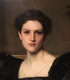 an oil painting of a woman in a black dress with her head turned to the side