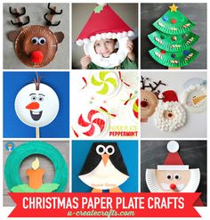 christmas paper plate crafts for kids with pictures of santa, reindeer, snowman and other holiday decorations