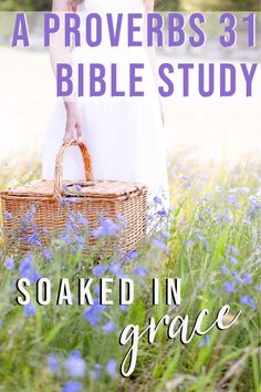 a woman in white dress holding a basket with text overlay that reads soaked in grace