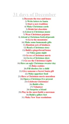 the christmas list is shown with red and green lettering on it, which reads 31 days of december