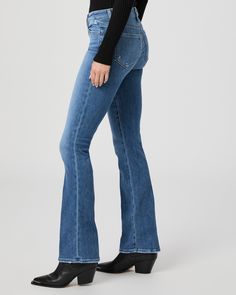 A universally flattering high-rise style with a fitted silhouette through the hips and thighs, a slim bootcut from the knee down and a slightly shorter 32" inseam. Cut from our TRANSCEND VINTAGE denim in a faded medium wash, this style has the look of authentic vintage denim but is incredibly comfortable with plenty of stretch and recovery. The 32" inseam pairs perfectly with flats and also works well for petite customers looking to style it with a heel. | High Rise Manhattan 32 Inch Bootcut Jea Mid-rise Blue Flares For Fall, High Rise Blue Flares For Fall, Fitted Mid-rise Elastane Flare Jeans, Blue High-rise Fitted Flares, Modern Fitted Straight Leg Flares, Blue Fitted High Rise Flares, Fitted Modern Flare Jeans, Mid-rise Fitted Flares For Work, Fitted Mid-rise Flares For Workwear