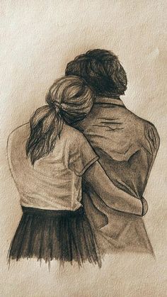 a drawing of two people hugging each other with their arms around one another and the back of them