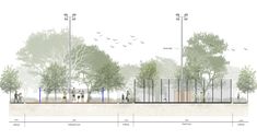 an architectural rendering of a park with trees and people