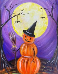 a painting of a pumpkin with a witches hat