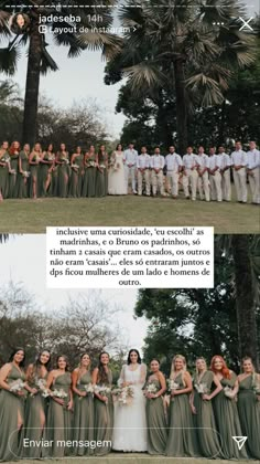 the wedding party is posing for pictures in front of palm trees