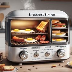 a toaster oven with eggs and sausages cooking in it