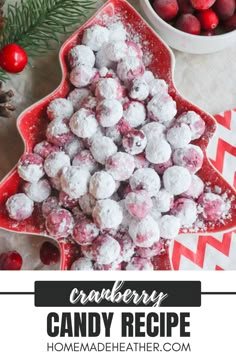 cranberry candy recipe in a red dish with christmas decorations and berries around it