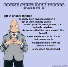 a man in a suit and tie with his hands folded over his chest, saying secret santa