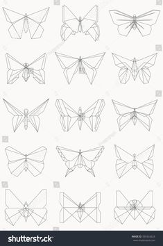 an image of butterfly origami paper foldings in various shapes and sizes on white background