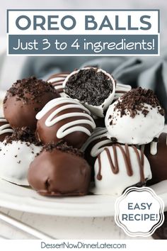 chocolate covered oreo balls on a plate with text overlay that says oreo balls just 3 to 4 ingredients