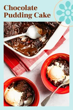 chocolate pudding cake with ice cream in two red bowls