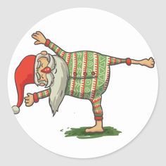 an old man dressed as santa claus round sticker with white background and green pattern on the bottom