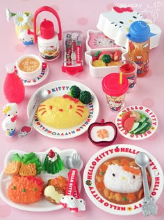 there are two pictures of hello kitty food and drinks on the same tablecloths