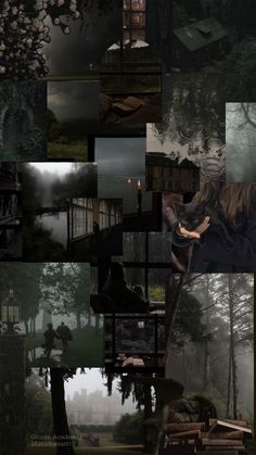 a collage of images with trees and houses in the background, including a woman's face