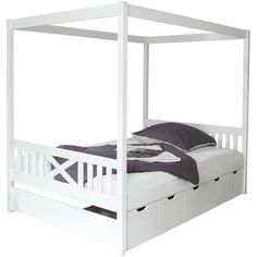 a white bed frame with drawers underneath it