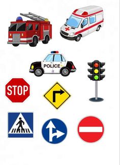 various traffic signs and stickers on a white background, including firetrucks