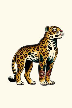 a drawing of a leopard with flowers on it's chest and tail, standing in front of a white background