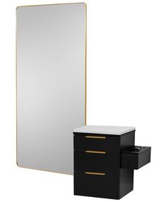 a black and gold dresser with mirror next to it