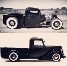 an old black pickup truck parked in a field next to another classic model truck with chrome rims