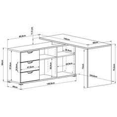 the drawing shows an office desk with drawers and cupboards, as well as measurements