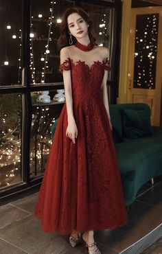 Red Party Dress, Prom Dress Red, High Neck Prom Dress, Red Party, Lace Evening Dresses, Red Prom Dress, Custom Dresses, Dress 100, Dress Red