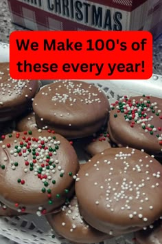 chocolate covered cookies with sprinkles in a basket next to a carton of milk