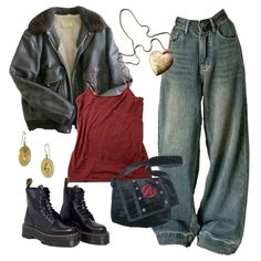 Outfit Inspo Baggy Clothes, Autumn Outfits Baggy, Aesthetic Outfits For Autumn, Very Baggy Outfits, Baggy Rock Outfit, Fall Outfit With Leather Jacket, Leather Grunge Outfit, Y2k Downtown Outfits, Downtown Baggy Outfits