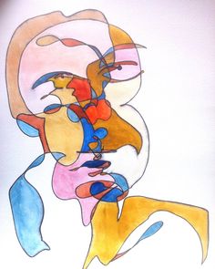 a drawing of a woman's face with multiple colored lines and shapes on it