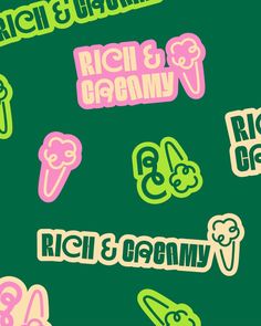 various stickers on a green background with the words rich & granny written in pink and green