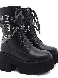 ❤gothic dark punk chain short boots❤︎ This item will take 1 month to ship. Dark Punk, Goth Shoes, Gothic Boots, Chunky Ankle Boots, Dr Shoes, Punk Boots, Shoes Outfit Fashion, Embroidered Shoes