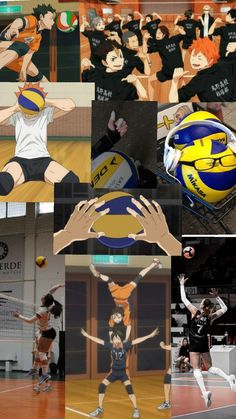 many different pictures of volleyball players and their equipment in various positions, including the ball