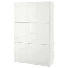 a white cabinet with four doors and three shelves on each side, in front of a white background