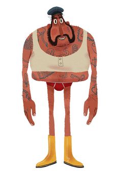 a cartoon character with tattoos and yellow rubber boots, standing in front of a white background