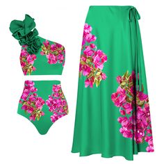 Pink Bougainvillea Flower Printed Bikini Swimsuit and Skirt(Shipped on July 29th)