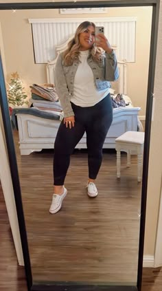 Jean jacket , converse & leggings Plus Nike Outfit, Outfit Ideas With Gray Leggings, Hi Top Converse Outfit Plus Size, Plus Jean Jacket Outfits, Fall Outfit Ideas Plus Size Casual, Plus Mom Jeans Outfit, Plus Size Casual Outfits For Work, Plus Size Fall Outfits Casual Comfy, Plus Size Outfits Leggings